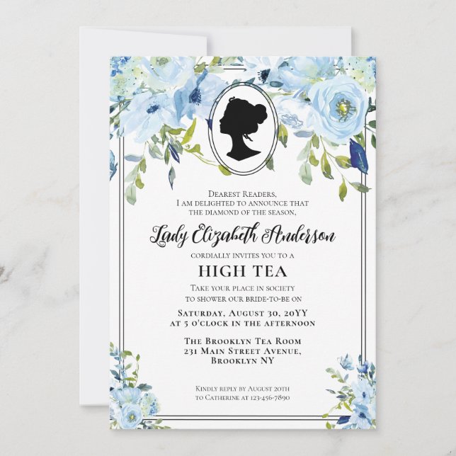 Vintage Blue Florals High Tea Bridal Shower Invitation (Front)