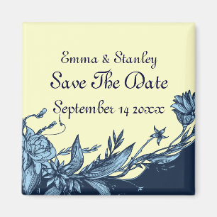 Vintage blue flowers pale ivory Save the Date Magnet