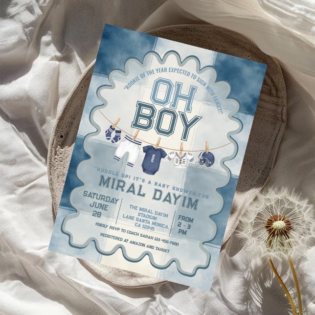 Vintage Blue Football Oh Boy Baby Shower Invitation (Creator Uploaded)