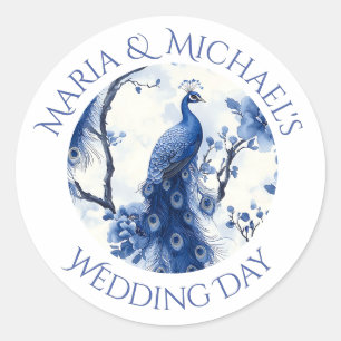 Vintage Blue French Chinoiserie Watercolor Peacock Classic Round Sticker