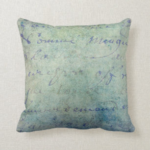 Vintage Blue French Script Parchment Paper Cushion