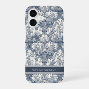 Vintage Blue French Toile Damask Monogram iPhone 16 Case