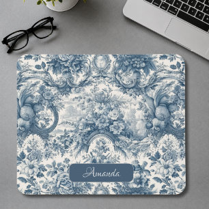 Vintage Blue French Toile de Jouy Monogram Mouse Pad