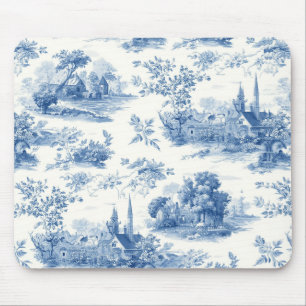 Vintage blue french toile Jouy Floral pattern Mouse Pad