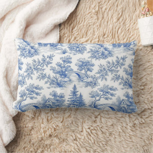 Vintage Blue French Toile Woodland Landscape Lumbar Cushion