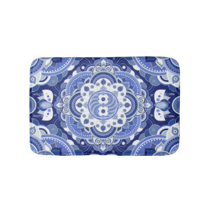 Vintage blue geometric, Indian ornament. Bath Mat