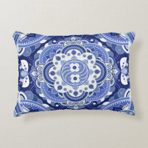 Vintage blue geometric, Indian ornament. Decorative Cushion