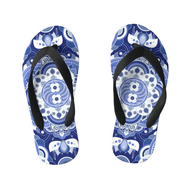 Vintage blue geometric, Indian ornament. Kid's Thongs (Footbed)