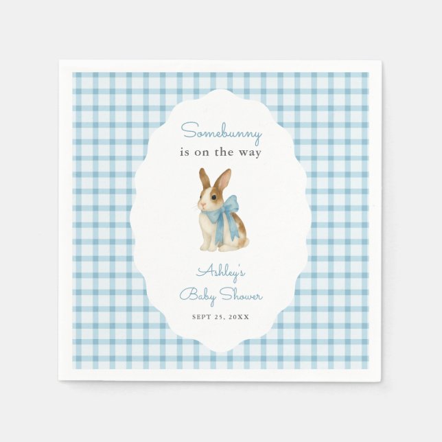 Vintage Blue Gingham Bunny Boy Baby Shower Napkin (Front)