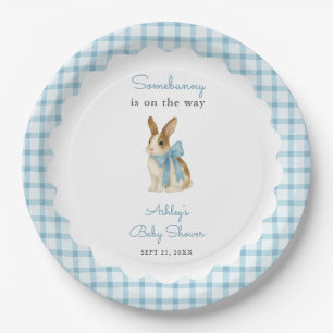 Vintage Blue Gingham Bunny Boy Baby Shower Paper Plate