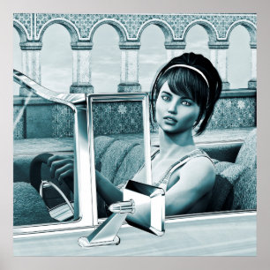 Vintage Blue Glamour Woman Portrait Art Poster