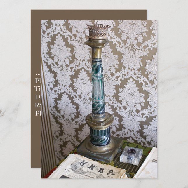 Vintage blue glass candleholder invitation (Front/Back)