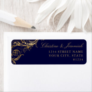 Vintage Blue Gold Floral Damask Return Address Label