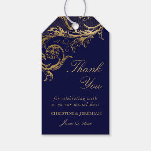 Vintage Blue Gold Floral Damask Script Wedding Gift Tags