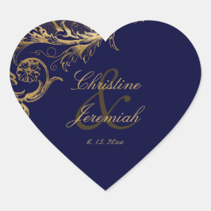 Vintage Blue Gold Floral Damask Script Wedding Heart Sticker