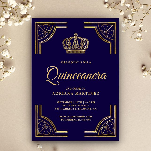 Vintage Blue Gold Ornate Crown Quinceanera Invitation (Creator Uploaded)
