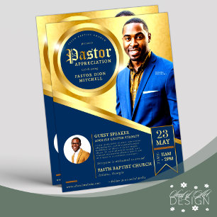 Vintage Blue & Gold Pastor Appreciation Church Flyer