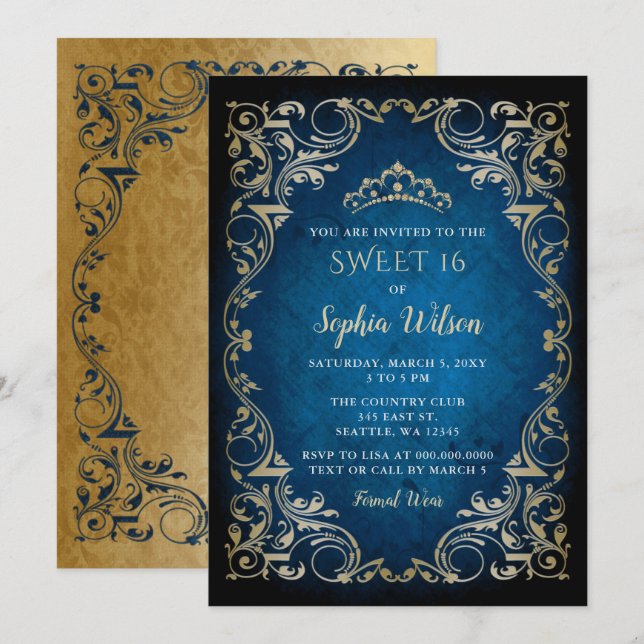 Vintage Blue Gold Princess Tiara Sweet 16  Invitation (Front/Back)