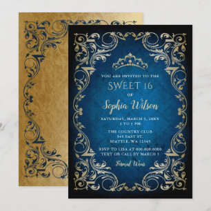 Vintage Blue Gold Princess Tiara Sweet 16  Invitation