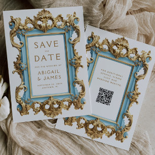 Vintage Blue Gold Rococo QR Code Wedding Save The Date