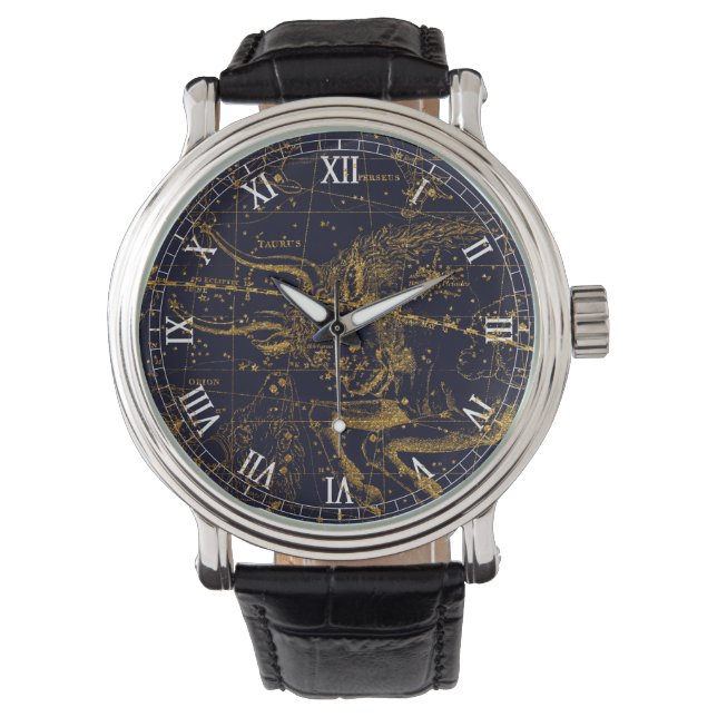 Vintage Blue Gold Taurus Zodiac Constellation Watch (Front)