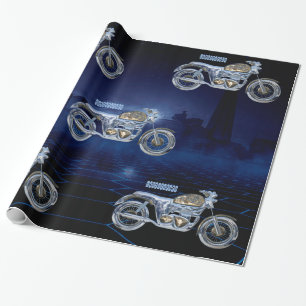 Vintage Blue Golden Sparkling Chrome Chopper Wrapping Paper