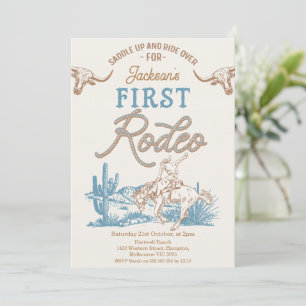 Vintage Blue Green Cowboy First Rodeo 1st Birthday Invitation