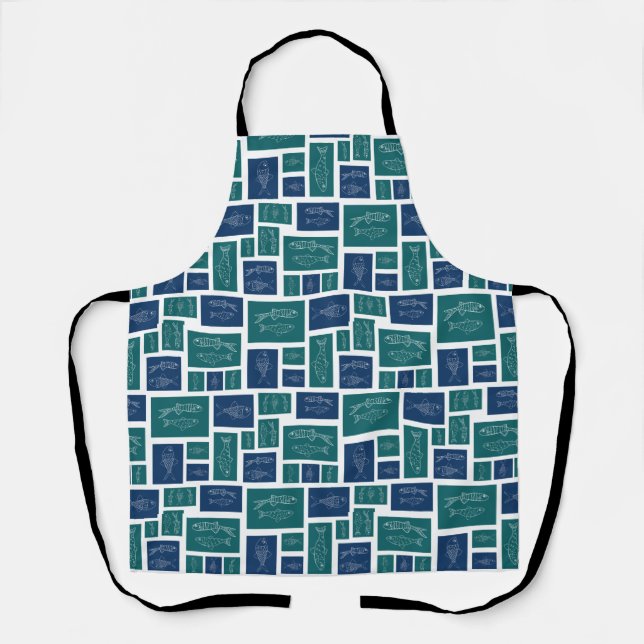Vintage Blue Green Fish Pattern Apron (Front)