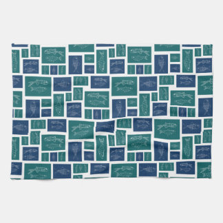 Vintage Blue Green Fish Pattern Tea Towel