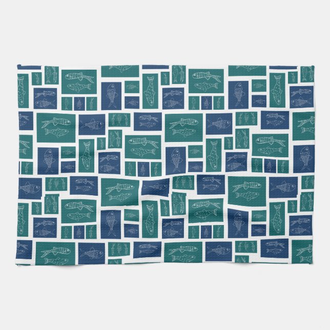 Vintage Blue Green Fish Pattern Tea Towel (Horizontal)