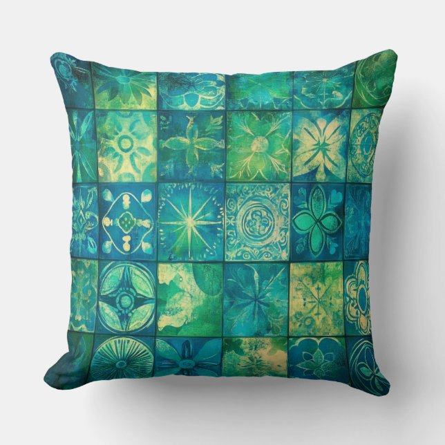 Vintage Blue Green Geometric Mosaic Cushion (Front)