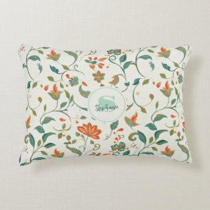 Vintage Blue-Green Leaves & Orange Floral Pattern Decorative Cushion