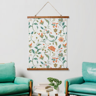 Vintage Blue-Green Leaves & Orange Floral Pattern Hanging Tapestry