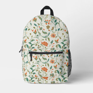 Vintage Blue-Green Leaves & Orange Floral Pattern Printed Backpack