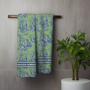 Vintage blue green toile de jouy printed bath towel set