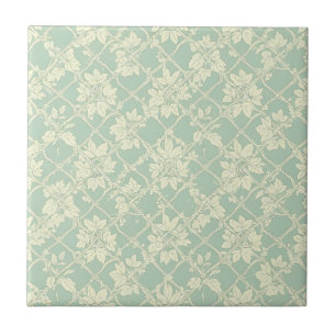 Vintage Blue-Green Trellis with Botanical Vine Ceramic Tile