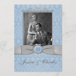 Vintage Blue, Grey Damask Scrolls Photo Wedding Invitation
