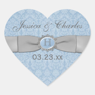 Vintage Blue, Grey Damask Wedding Favour Sticker