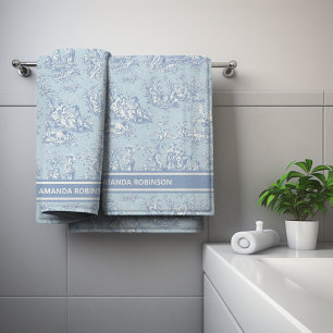 Vintage blue grey toile de jouy printed bath towel set