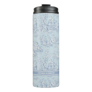 Vintage blue grey toile de jouy printed thermal tumbler