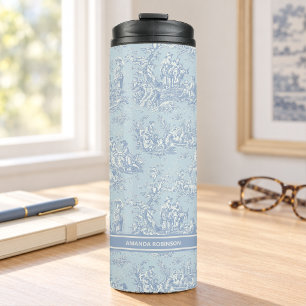 Vintage blue grey toile de jouy printed thermal tumbler