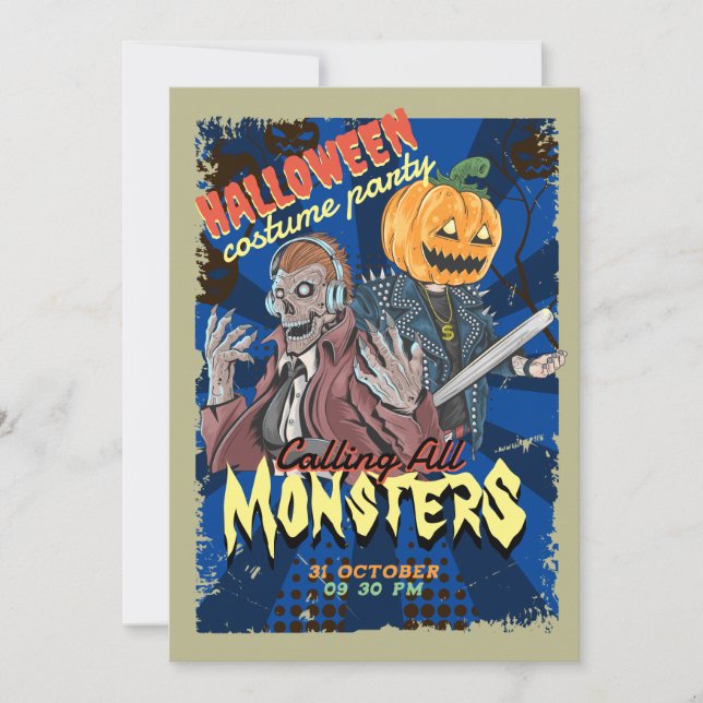 Vintage Blue Halloween Costume Party Invitation (Front)