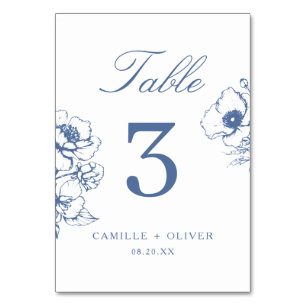 Vintage Blue Hand-drawn Floral Garden Wedding Table Number
