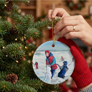 Vintage Blue HOLIDAY  Children winter scene. Ceramic Ornament