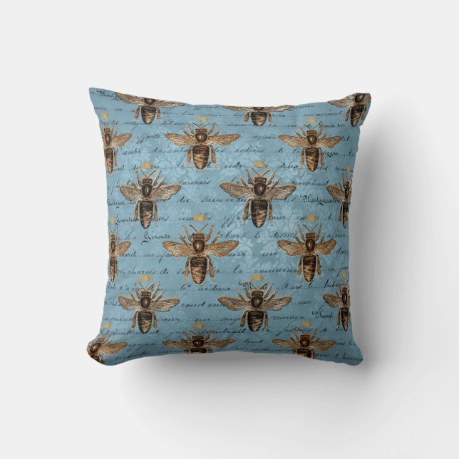 Vintage Blue Honey Bee Cushion (Front)