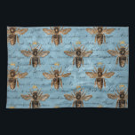 Vintage Blue Honey Bee Tea Towel<br><div class="desc">Big honey bees are in front of a beautiful vintage blue background with writing.</div>