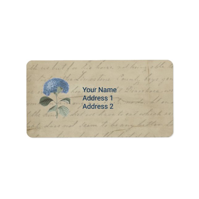 Vintage Blue Hydrangea Antique Sans Serif Font Label (Front)