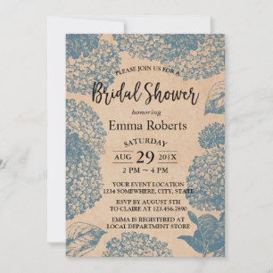 Vintage Blue Hydrangea Floral Kraft Bridal Shower Invitation