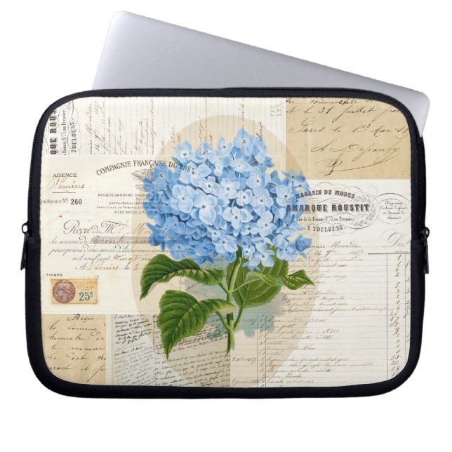 Vintage Blue Hydrangea French Ephemera Laptop Bag (Front)