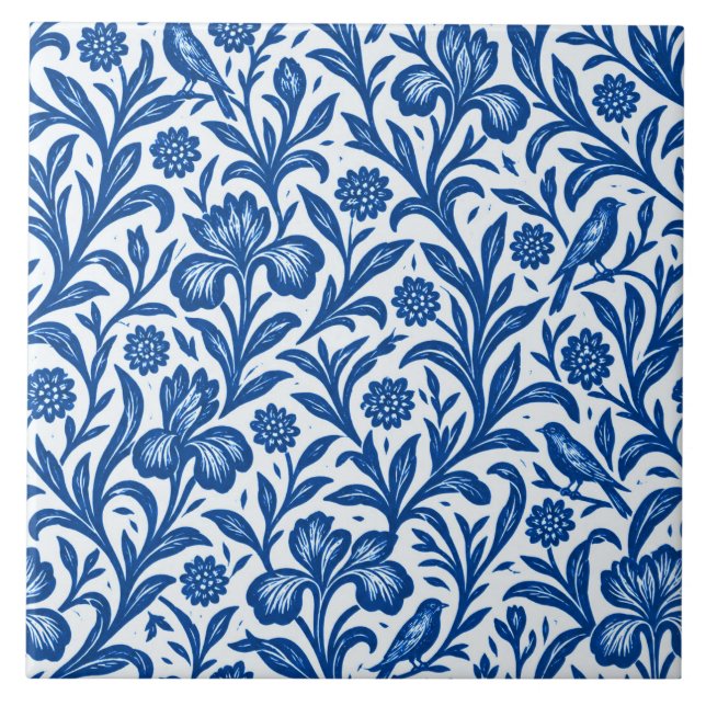 Vintage Blue Iris Botanical Pattern Ceramic Tile (Front)